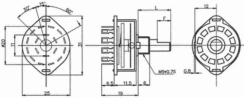 Галетный переключатель RUICHI SR25-1-1-5, 5 положений, 1 направление, угол поворота 360°, 0.3 А, 125 В, 500 мОм, на провод фото 2