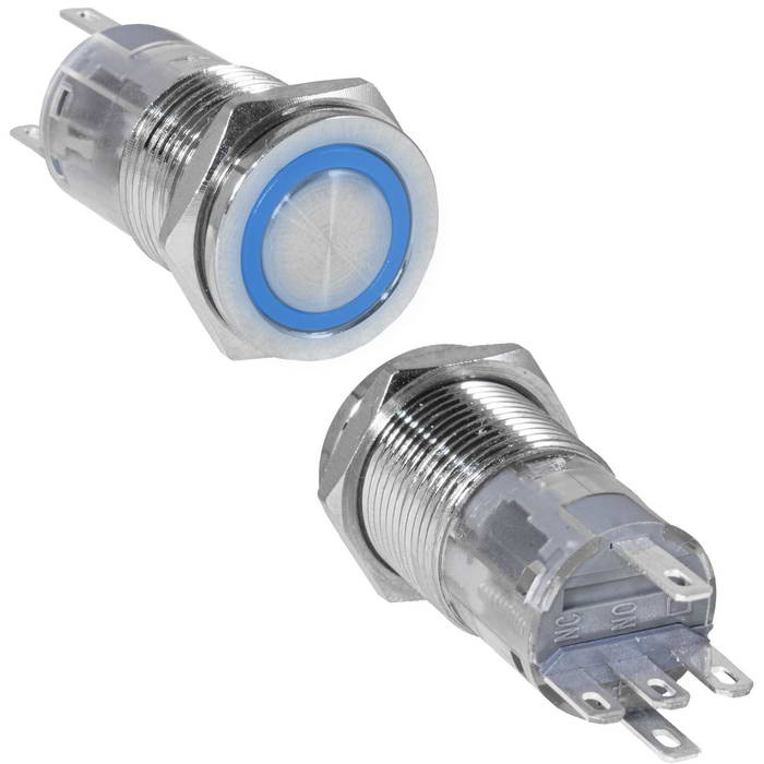 Кнопка антивандальная RUICHI LAS2GQPF-11E/B/N, ON-(ON), рабочая температура -25…+55 °C, никелированная латунь фото 1