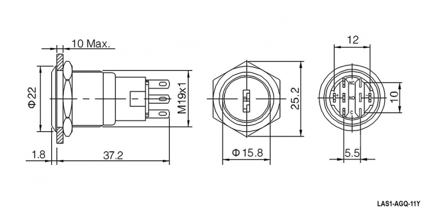 Кнопка антивандальная RUICHI LAS1-AGQ-11Y/21/N, ON-ON, рабочая температура -25…+55 °C, никелированная латунь фото 2