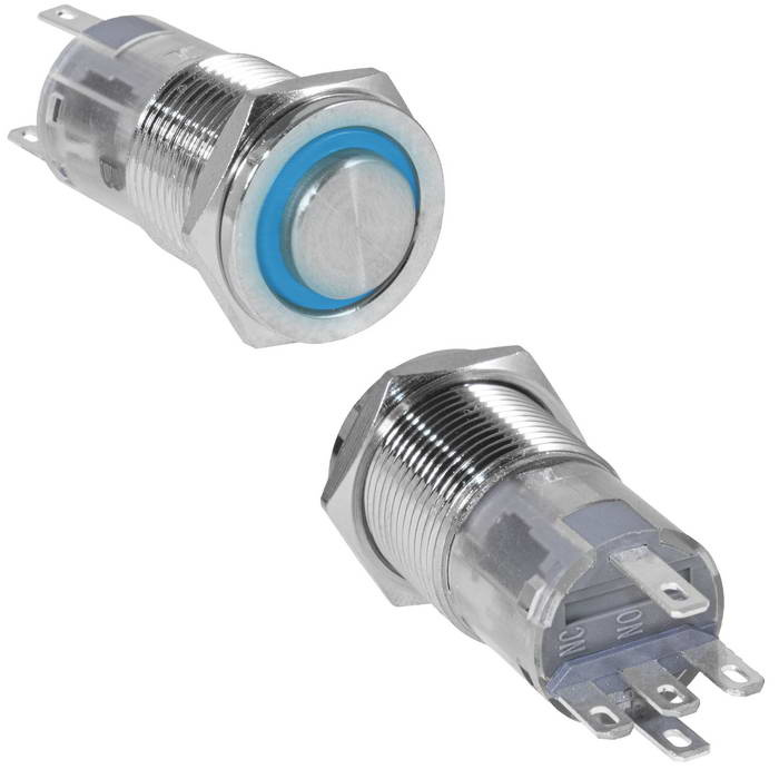 Кнопка антивандальная RUICHI LAS2GQPH-11E/B/N, ON-(ON), рабочая температура -25…+55 °C, никелированная латунь фото 1