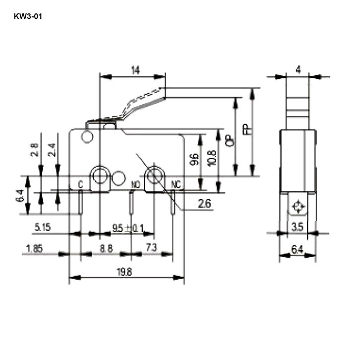 Микропереключатель с угловой планкой RUICHI KW3-01, 10.8х6.4х19.8 мм, ON-(ON), SPDT 3P, 250 В, 5 А, 30 мОм, -25...+85 °C фото 2
