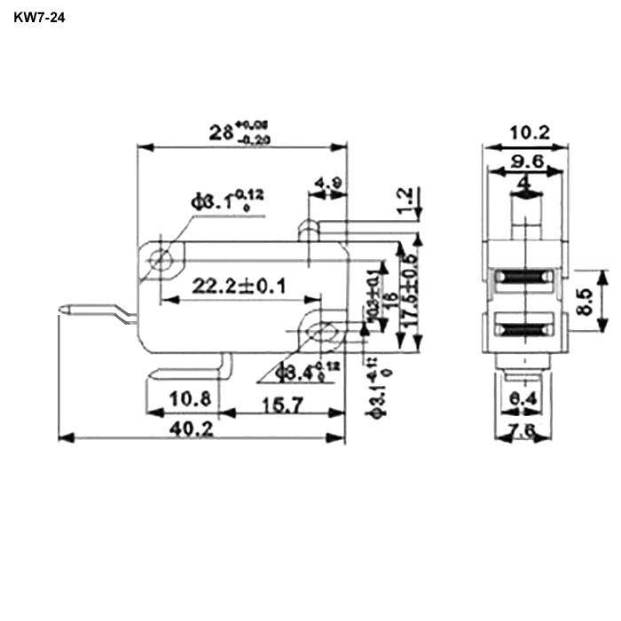 Микропереключатель RUICHI KW7-24, 16х10.2х28 мм, ON-(OFF), 2P, 250 В, 5 А, 30 мОм, -25...+85 °C фото 2