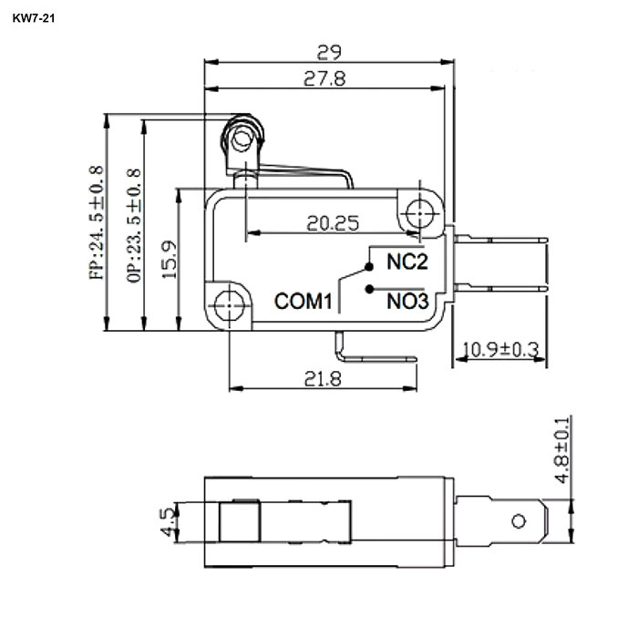 Микропереключатель с роликовым рычагом RUICHI KW7-21, 15.9х10.3х29 мм, ON-(ON), SPDT 3P, 250 В, 15 А, 30 мОм, -25...+85 °C фото 2