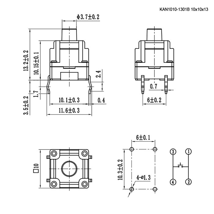 Тактовая кнопка RUICHI KAN1010-1301B, 10x10x13 мм фото 2