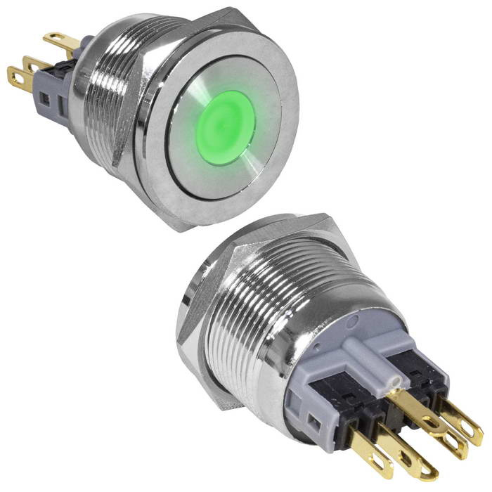 Кнопка антивандальная RUICHI GQ22PF-11D/G/N, ON-(OFF)+OFF-(ON), рабочая температура -25…+55 °C, никелированная латунь фото 1