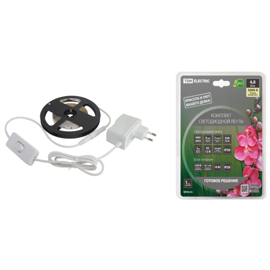 Комплект ленты светодиодной TDM (SQ0331-0221) 3м, 60 LED, 4,8 Вт/м, 12 В, 3000К, IP20 фото 1