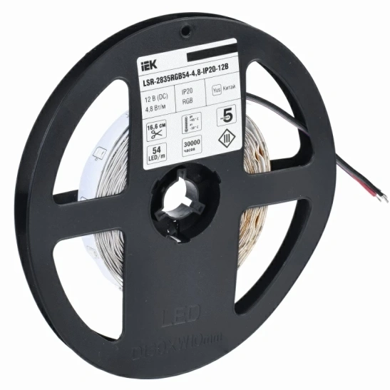 Лента светодиодная IEK RGB 2835 5м, 54 LED, 4,8 Вт/м, 12 В, IP20, мультиколор фото 1