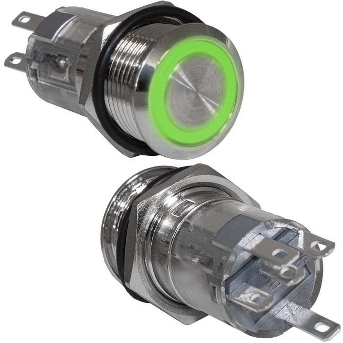 Кнопка антивандальная с подсветкой RUICHI LAS2GQF-11E/G/N, ON-(ON) без фиксации, М16, подсветка 12 В, 250 В, 3 А, 50 мОм, -25...+55 °C, корпус никелированная латунь, индикатор кольцевой, цвет индикатора зеленый фото 1