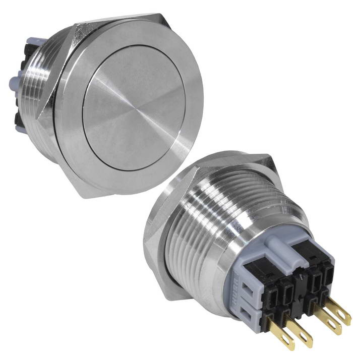 Кнопка антивандальная RUICHI GQ28PF-11/N, ON-(OFF)+OFF-(ON), рабочая температура -25…+55 °C, никелированная латунь фото 1