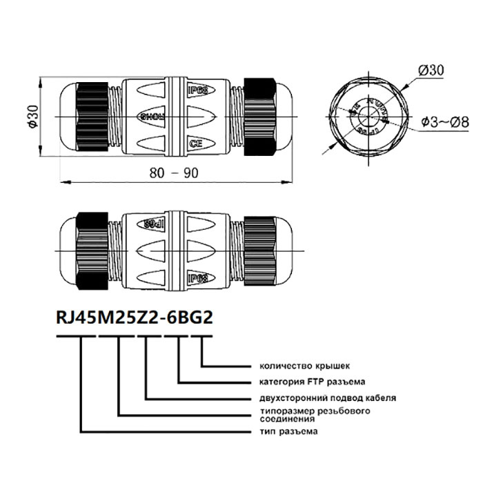 Разъём герметичный Ruichi RJ45M25Z2-6BG2 фото 2