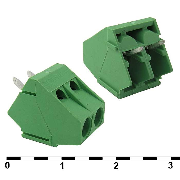 Винтовой клеммный блок RUICHI DG103-5.08-2 на 2 клеммы M2.5, шаг 5.08 мм, угловой 45°, 6 А, 26-18 AWG фото 1