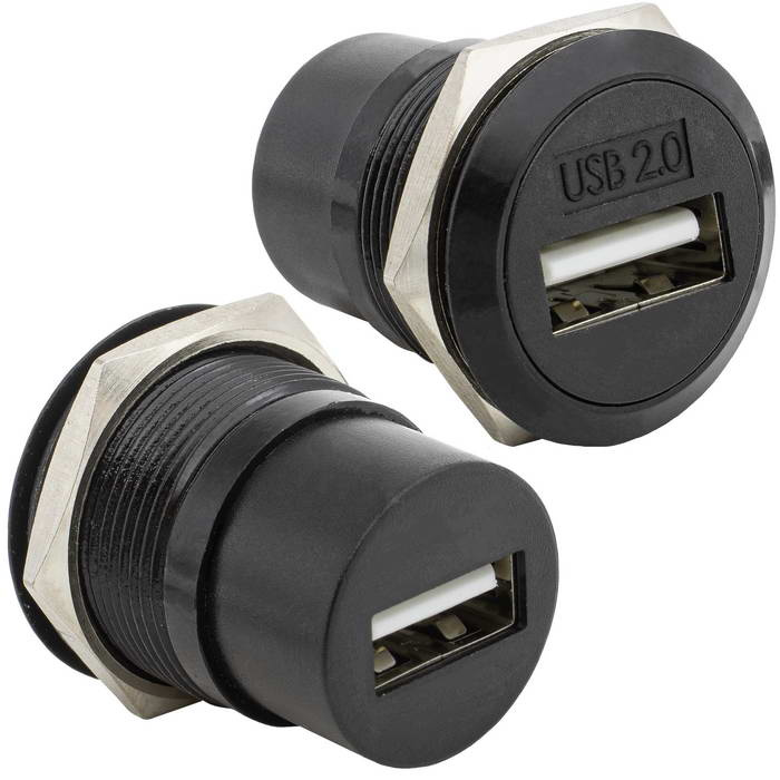 Панельный модуль (переходник) передачи данных USB RUICHI USB 2.0 A(F)-A(F) PN, прямой порт USB, 5В, 0.5 А, крепление гайка с резьбой, корпус из цинка, цвет черный фото 1