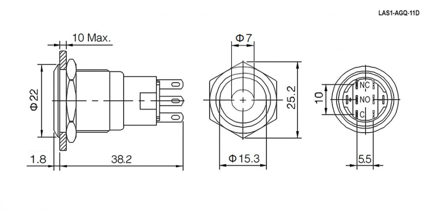 Кнопка антивандальная RUICHI LAS1-AGQ-11ZD/B/N, ON-ON, рабочая температура -25…+55 °C, никелированная латунь фото 2