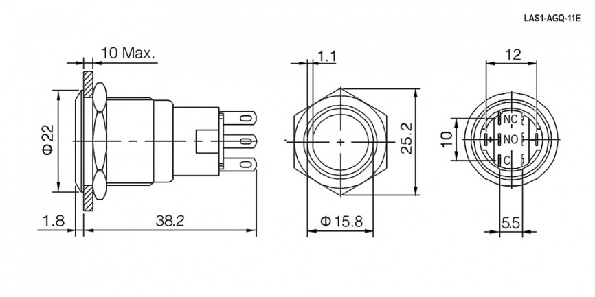 Кнопка антивандальная RUICHI LAS1-AGQ-11ZE/B/N, ON-ON, рабочая температура -25…+55 °C, никелированная латунь фото 2