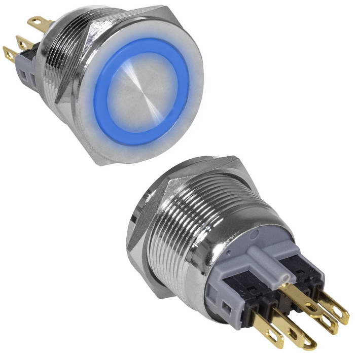 Кнопка антивандальная RUICHI GQ22PF-11E/B/N, ON-(OFF)+OFF-(ON), рабочая температура -25…+55 °C, никелированная латунь фото 1