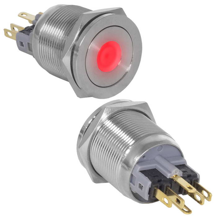 Кнопка антивандальная RUICHI GQ22PF-11D/R/N, ON-(OFF)+OFF-(ON), рабочая температура -25…+55 °C, никелированная латунь фото 1