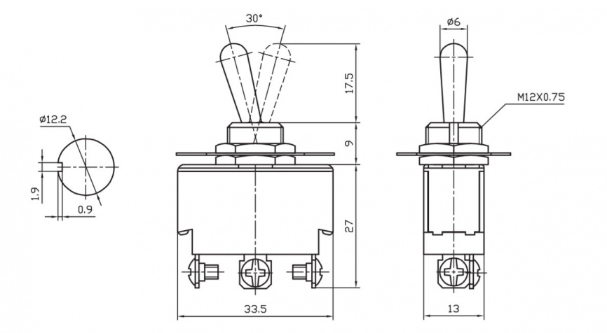 Тумблер трехпозиционный однополюсный RUICHI KN3(B)-103(A), 53.5х19.5х33.5 мм, ON-OFF-ON, SPDT C/O, 6 А, 250 В, 50 мОм, 3 контакта, под винт фото 2