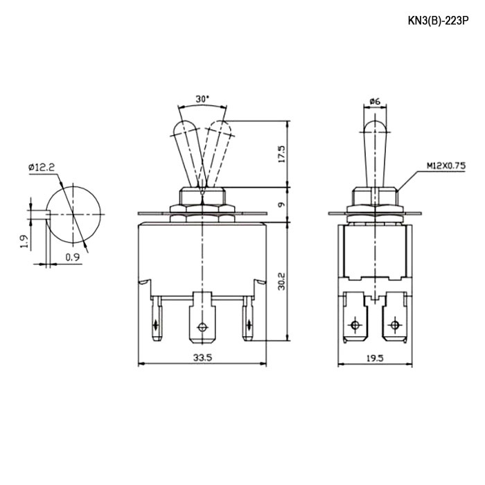 Тумблер трехпозиционный двухполюсный без фиксации RUICHI KN3(B)-223P, (ON)-OFF-(ON), 6 контактов фото 2