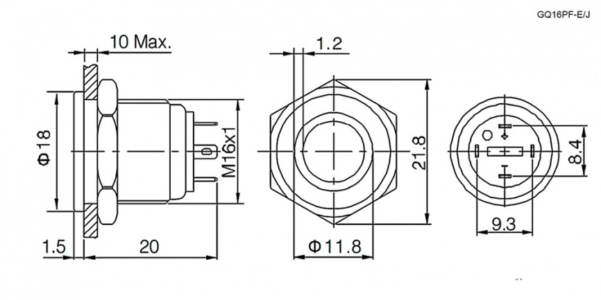 Кнопка антивандальная RUICHI GQ16PF-10ZE/J/G/N, OFF-ON, рабочая температура -25…+55 °C, никелированная латунь фото 2