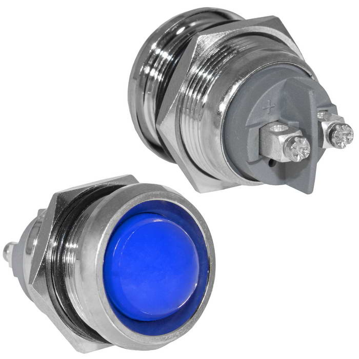 Индикатор антивандальный RUICHI GQ22SR-B, цвет синий, точечный излучатель, 12-24 В, 15 мА, гибкие выводы, никелированная латунь фото 1