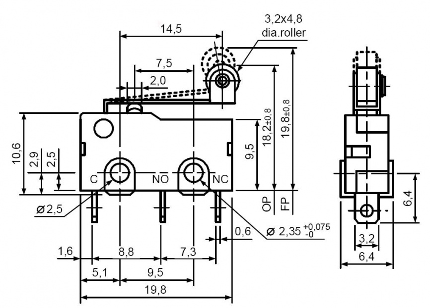 Микропереключатель с роликовым рычагом RUICHI SM5-05N-115-G45, ON-(ON) SPDT 3P, 3 А, 250 В фото 2