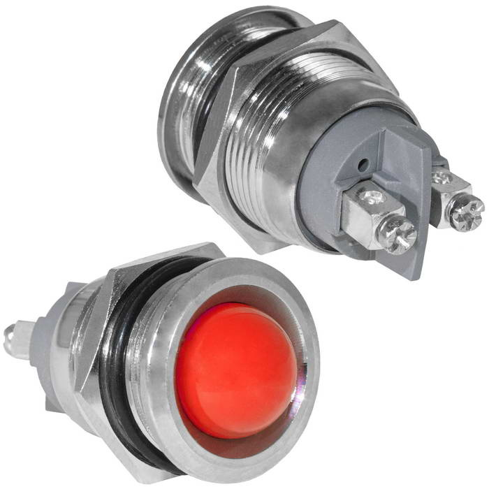Индикатор антивандальный RUICHI GQ19SR-R, цвет красный, точечный излучатель, 12-24 В, 15 мА, гибкие выводы, никелированная латунь фото 1