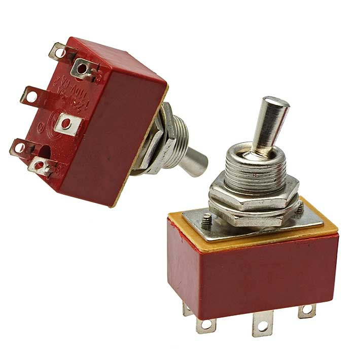 Тумблер двухпозиционный двухполюсный RUICHI ТП1-2, 45.7х20х28 мм, ON-ON, DPDT, 6 А, 250 В, 50 мОм, 6 контактов, под пайку, металл фото 1