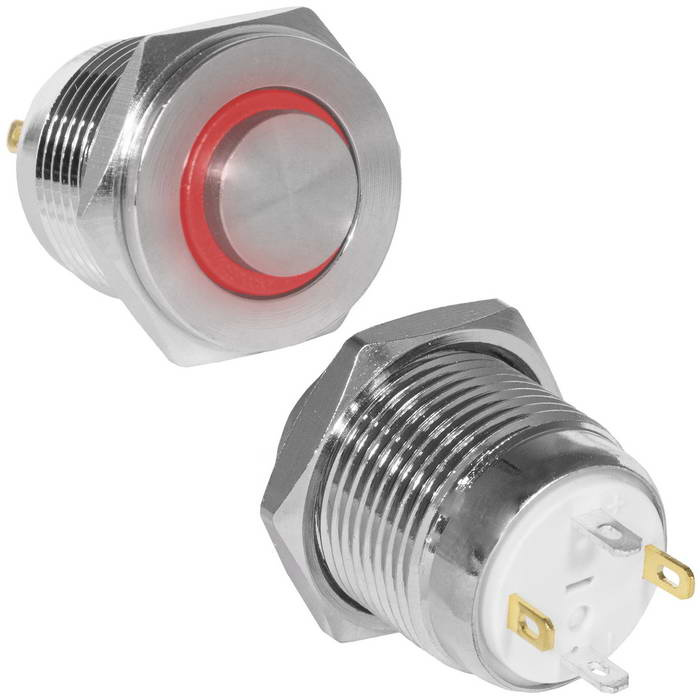 Кнопка антивандальная RUICHI GQ16PH-10E/J/R/N, OFF-(ON), рабочая температура -25…+55 °C, никелированная латунь фото 1