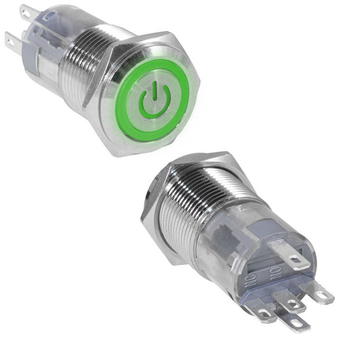 Кнопка антивандальная RUICHI LAS2GQF-11ET/G/N, ON-(ON), рабочая температура -25…+55 °C, никелированная латунь фото 1