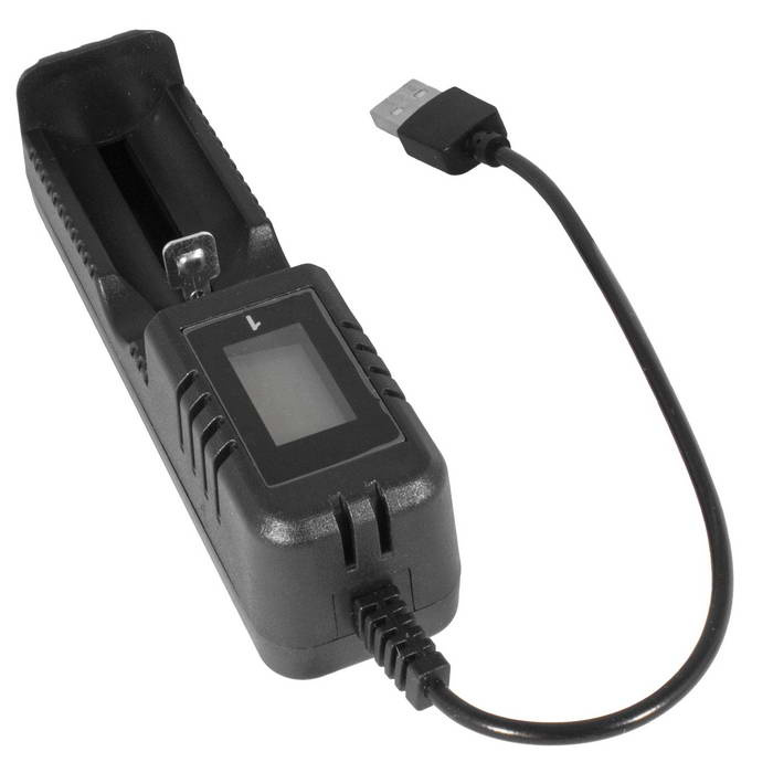 USB зарядное устройство для литий-ионных аккумуляторов RUICHI S-18655, на 1 аккумулятор, 122х33х35 мм, 1200 мА, 220 В, 50 Гц, 4.2 В, корпус пластиковый, длина кабеля 0.2 м фото 1