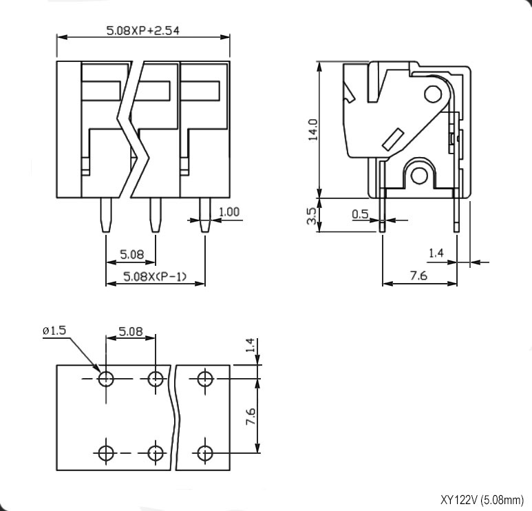 Клеммник нажимной на плату прямой RUICHI XY122V-2, 2 контакта с шагом 5,08 мм, 10 А, 300 В, 24-14 AWG, 1,5 мм?, PA66 фото 2