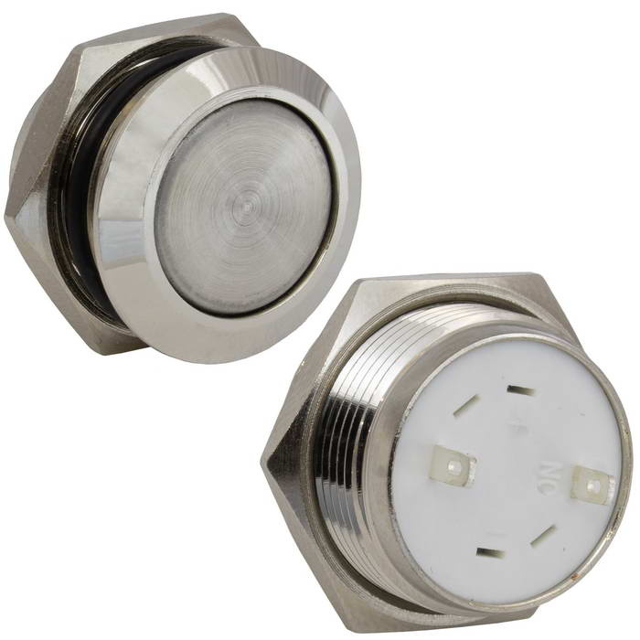 Кнопка антивандальная без подсветки RUICHI GQ16TF-10/J/N, OFF-(ON), рабочая температура -25…+55 °C, никелированная латунь, короткая фото 1