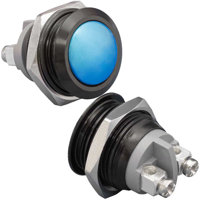 Кнопка антивандальная без подсветки RUICHI GQ16B-10/B/Bl/N, 1NO, ОFF-(ON) без фиксации, пос. диаметр 16 мм, контакты 2S, 2 А, 50 мОм, -20...+55 °C, корпус пластиковый черный, кнопка синяя фото 1
