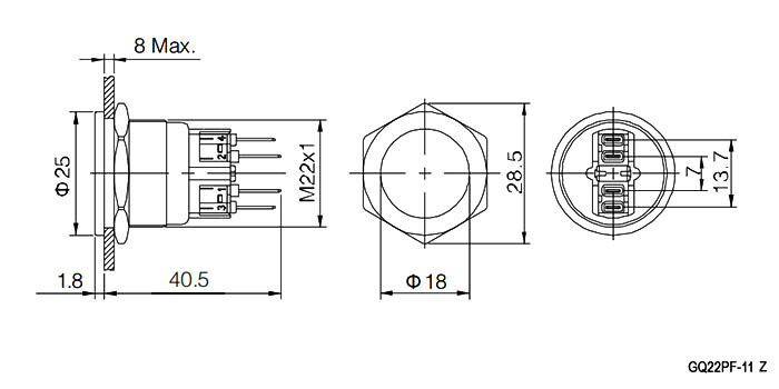 Кнопка антивандальная RUICHI GQ22PF-11Z/N, ON-OFF+OFF-ON, рабочая температура -25…+55 °C, никелированная латунь фото 2
