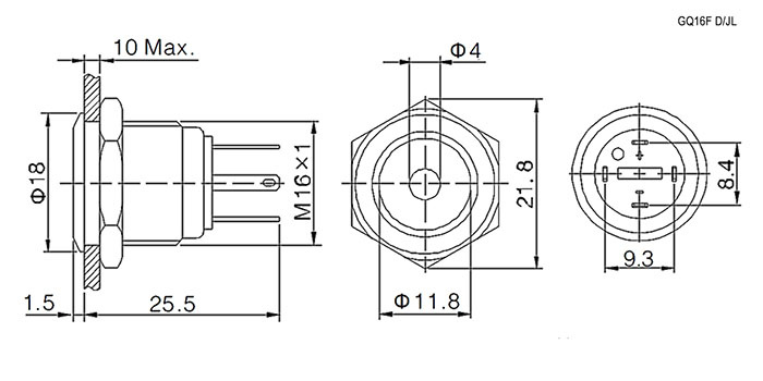 Кнопка антивандальная RUICHI GQ16F-10D/JL/R/N, OFF-(ON), рабочая температура -25…+55 °C, никелированная латунь фото 2