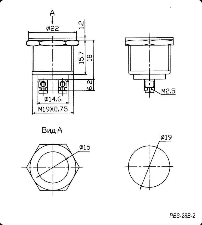 Кнопка антивандальная без подсветки RUICHI PBS-28B-2 off-(on), М19, IP65, никелированная латунь фото 2