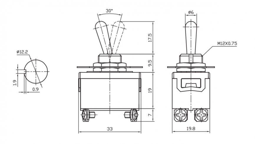 Тумблер двухпозиционный однополюсный RUICHI KN3(C)-201(A), 53х19.8х33 мм, ON-OFF, DPST, 10 А, 250 В, 50 мОм, 4 контакта, под винт фото 2