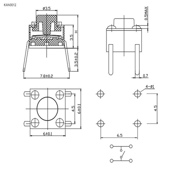 Тактовая кнопка RUICHI KAN0612-0901B, 6x6x9 мм, OFF-(ON), 50 мА, 12 В, 100 мОм фото 2