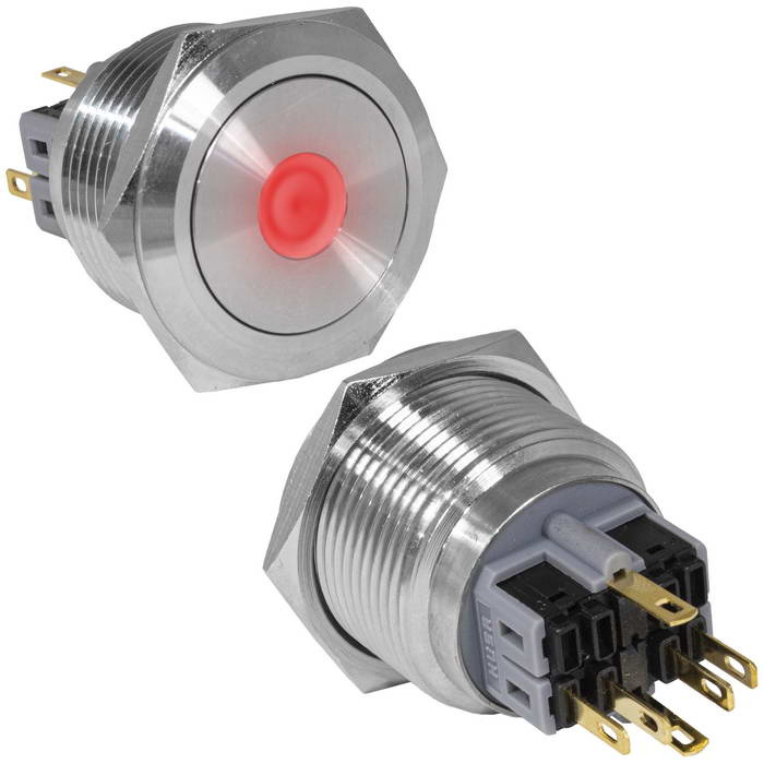 Кнопка антивандальная RUICHI GQ28-11D/R/N, ON-(OFF)+OFF-(ON), рабочая температура -25…+55 °C, никелированная латунь фото 1