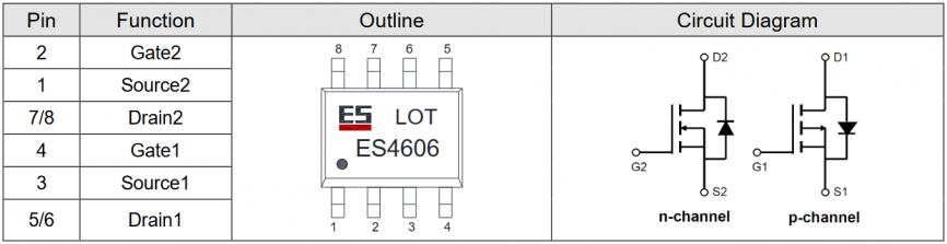 AO4606 Elecsuper полевой транзистор (MOSFET) N+P, 30 В / -30 В, 7.5 А / -4.6 А, 22 мОм, 5.2 нКл,  SOP-8 фото 2