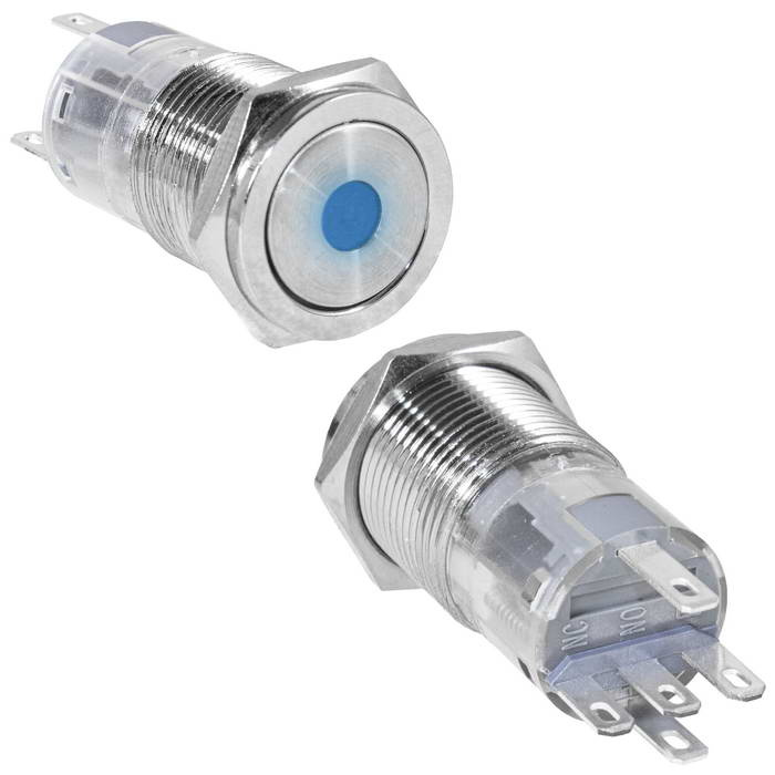 Кнопка антивандальная RUICHI LAS2GQPF-11D/B/N, ON-(ON), рабочая температура -25…+55 °C, никелированная латунь фото 1