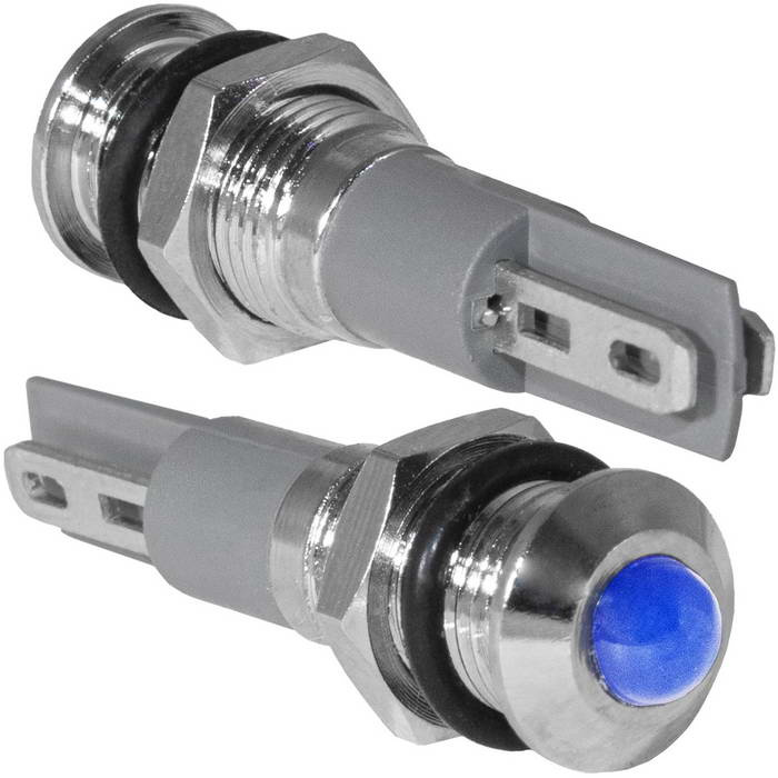 Индикатор антивандальный RUICHI GQ8PR-B, цвет синий, точечный излучатель, 12-24 В, 15 мА, гибкие выводы, никелированная латунь фото 1