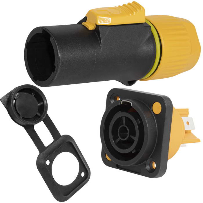 Разъем питания с фиксатором RUICHI NAC3MX-W-R, 3 контакта, 16 А, 250 В, 3 мОм, на панель, крепление корпуса винтовое, корпус PA66, черный/желтый фото 1