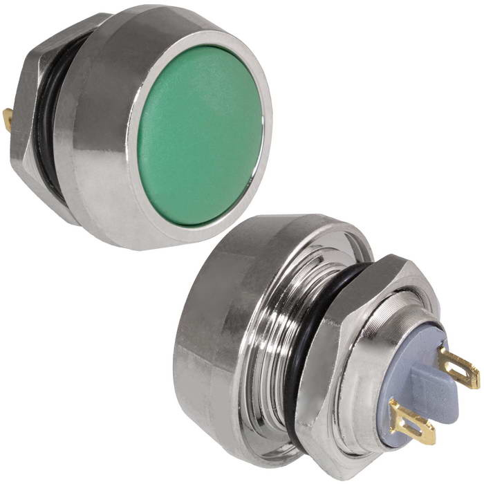 Кнопка антивандальная без подсветки RUICHI GQ12B-10/J/G/N, 1NO, ОFF-(ON) без фиксации, пос. диаметр 12 мм, контакты 2Pin, 2 А, 50 мОм, -20...+55 °C, корпус никелированная латунь, кнопка зеленая фото 1