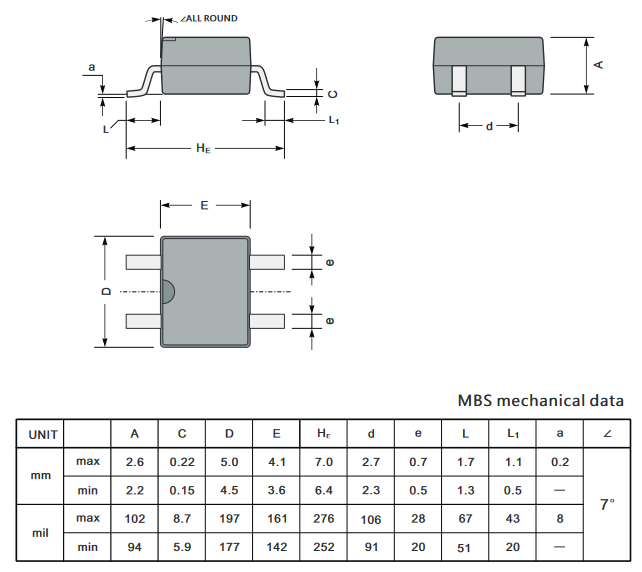 MB6S CTK диодный мост, 600 В, 0.8 А, MBS фото 2