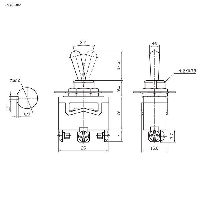 Тумблер трехпозиционный однополюсный без фиксации RUICHI KN3(C)-123, 53х15.8х29 мм, (ON)-OFF-(ON), SPDT, 6 А, 250 В, 50 мОм, 3 контакта, под винт фото 2