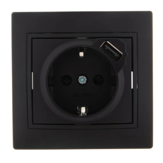 Розетка 701-4242-181  1-ая с з/к + USB разъем черный бархат с/у Lezard МИРА фото 1