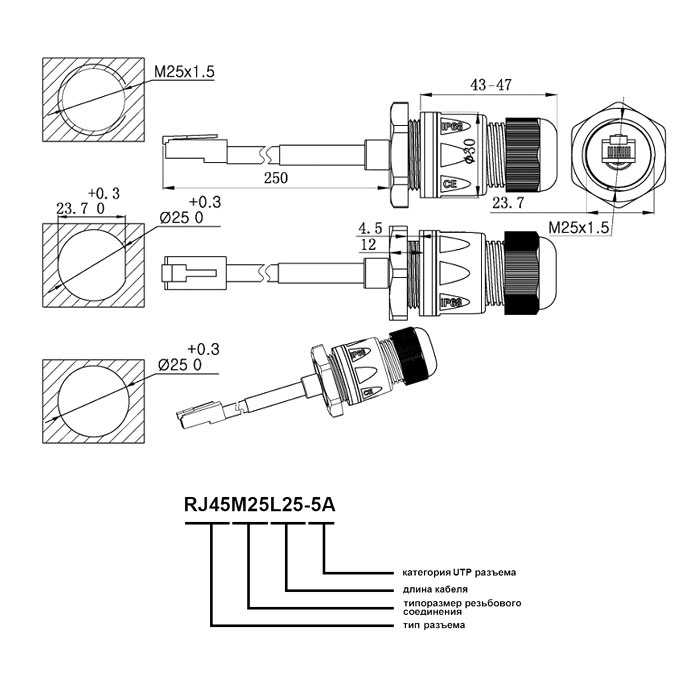Разъём герметичный SZC RJ45M25L25-5A фото 2