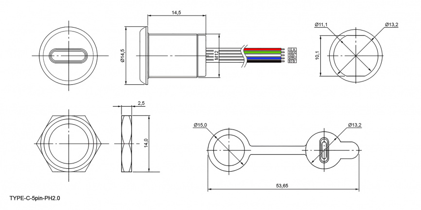 Разъём TYPE-C-5Pin-PH2.0 RUICHI, длина кабеля 155 мм, 5 контактов с клеммной колодкой, 5 А, 5 В, корпус пластиковый черный фото 2