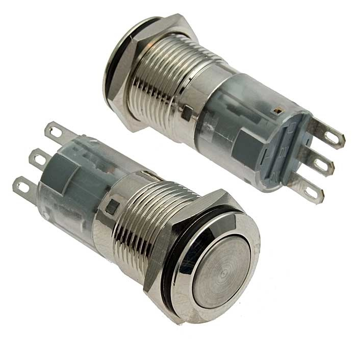 Кнопка антивандальная без подсветки RUICHI LAS2GQF-11Z/N, ON-ON, IP65, 3 контакта, 250 В, 3 А, 50 мОм, никелированная латунь фото 1